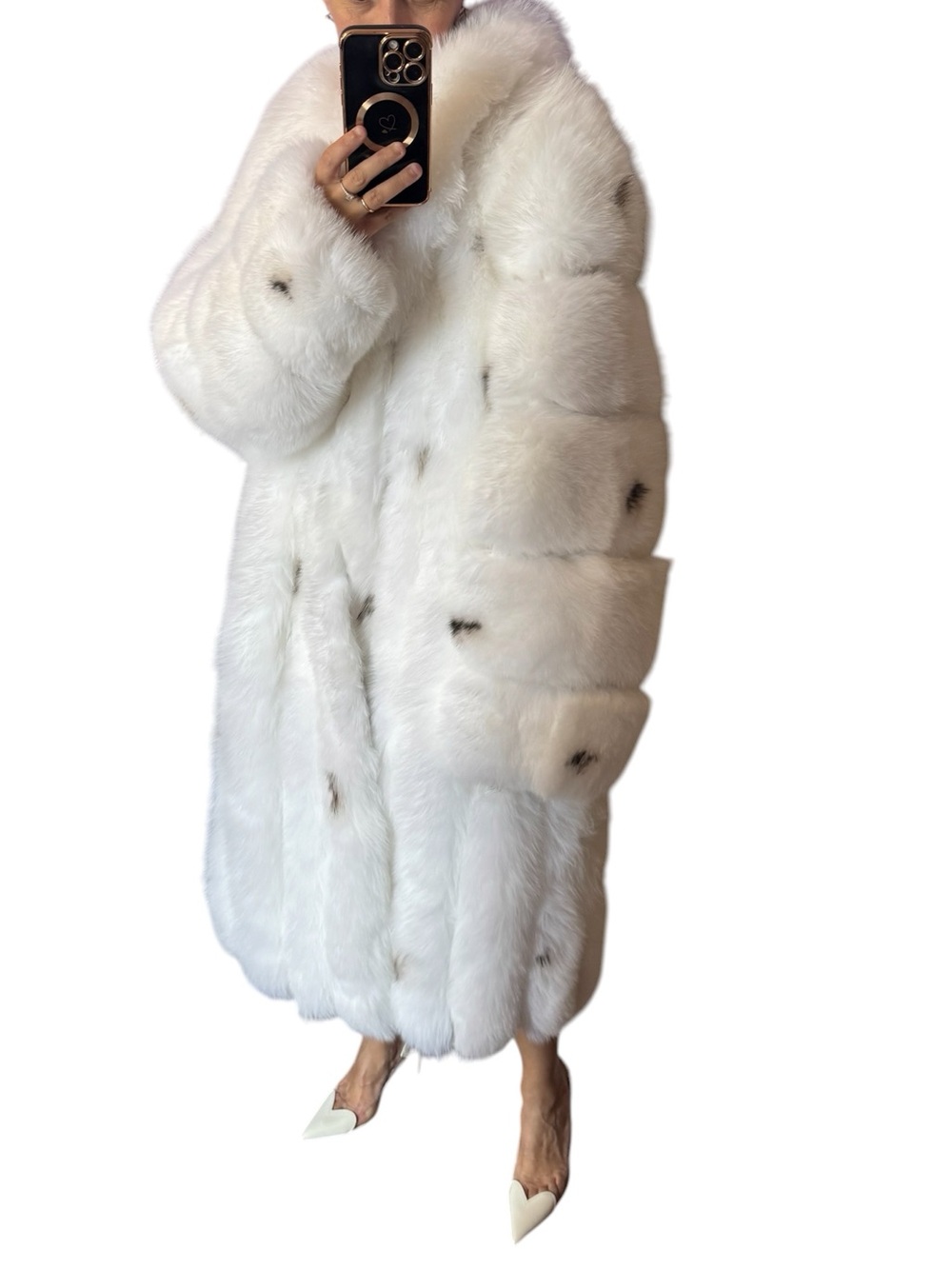 White arctic fox  black spots Fur Coat Luxury Women's Long Coat